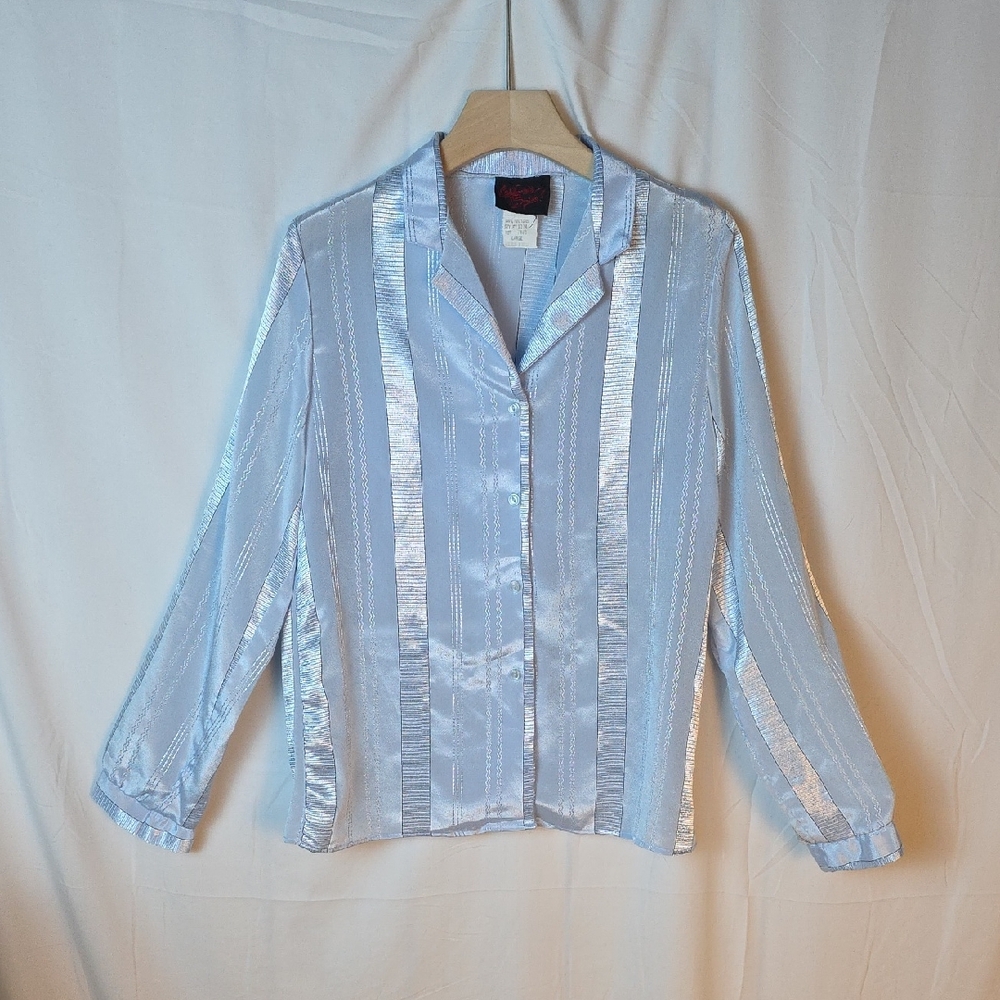 Vintage Shimmering Light Blue Button-Up Blouse